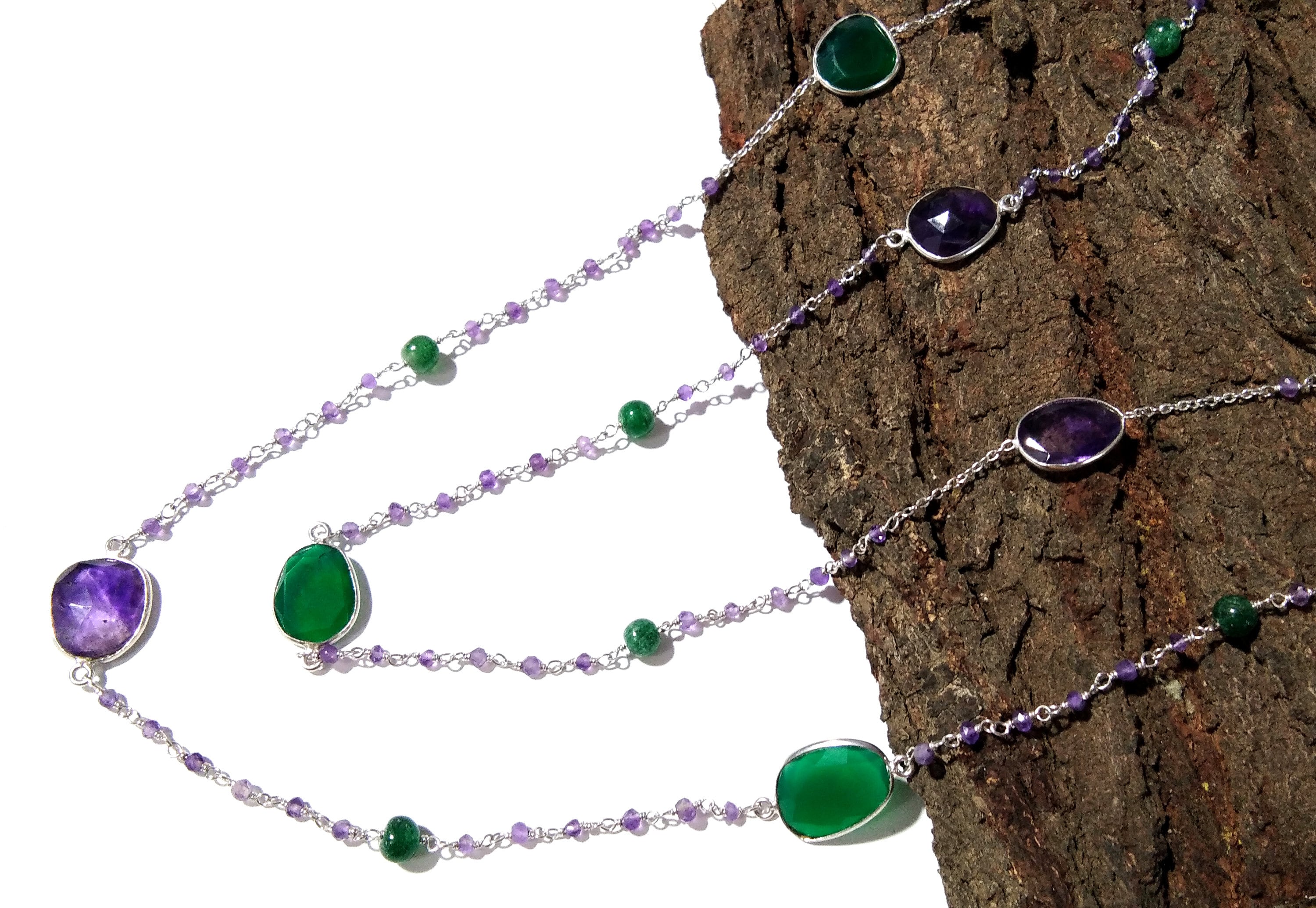 Very Beautiful Log Necklace ! ALL Natural Gemstone Beaded Necklace For Girls & Woman, 925 Starling Silver Log Necklace Length 36 inch